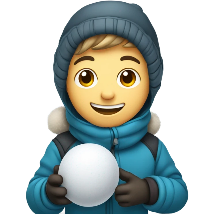 smiling boy in winter gear holding a snowball emoji