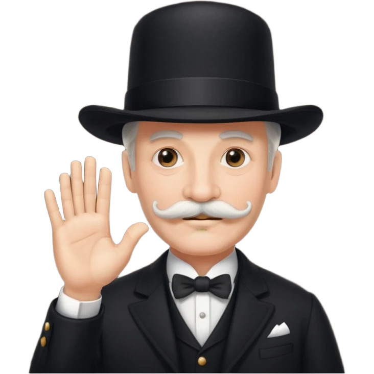 very big white moustachhe and typical 1900 black elegant clothes and hat . politician pose uses hands emoji