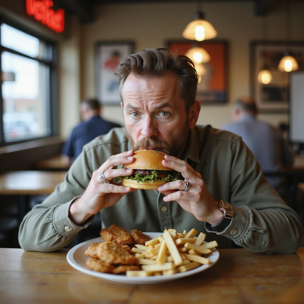 Uomo che mangia spesso fuori casa: seduto in un fast food con hamburger, patatine e bibita, espressione abitudinaria, dettagli 4K, testo in italiano: 'Pranzo veloce fuori casa'. emoji