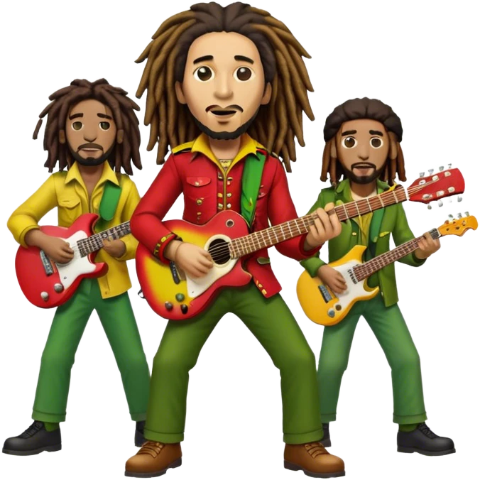 Icon for Reggae Music: Bob Marley with his guitar, surrounded by his band, The Wailers. The design should capture the laid-back, rhythmic vibe of reggae, with iconic dreadlocks and vibrant colors (red, yellow, green). Transparent background. emoji