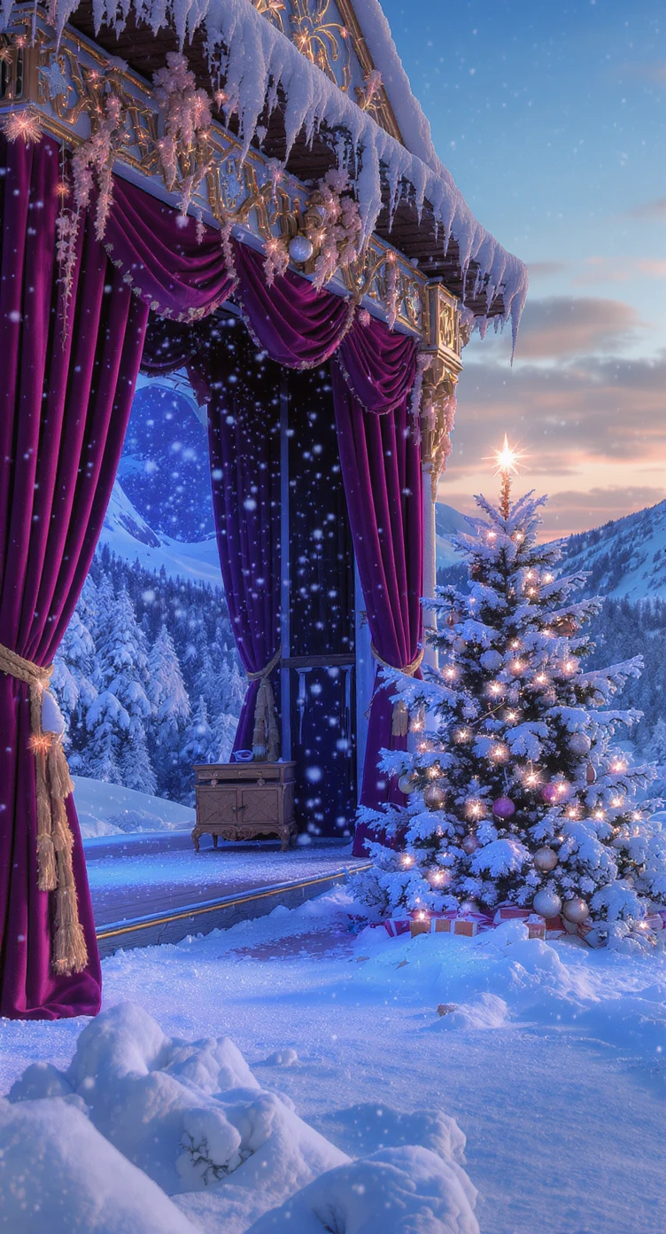 Cinematic still of a winter landcape, snowy, next to stage christmas tree in snow, in background we can see beautifull snowy landscape, soft light, symmetrical, day emoji