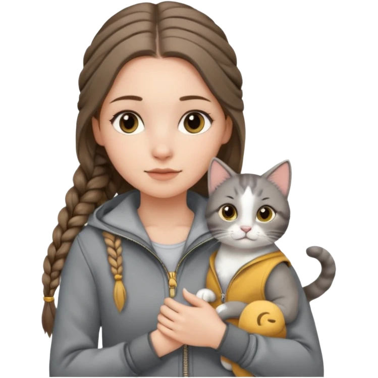 a white girl with long brunette hair in braid that is over her shoulder. shes holding a grey cat. the girl has long lashes and has on a grey zip up that is half way zipped  and under a white shirt and gold jewelry that is gold bracelets. emoji