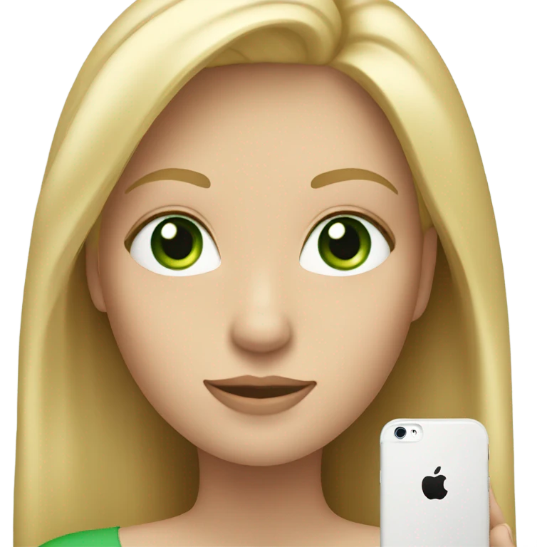 Long hair blonde with green eyes holding up iPhone emoji