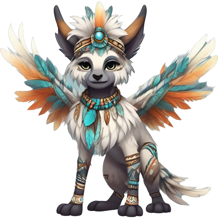 cute cool edgy ethereal shy epic tribal fantasy animal fursona Fionbri creature by griffsnuff & LiLaiRa & Falvie with exotic colors with intricate patterns and feathers and headdress and necklace full body emoji
