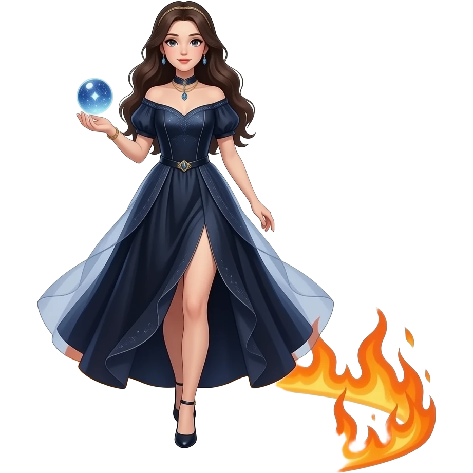 cinematic realistic - an elegant mystical girl in a long dark blue dress carries a small sparkling globe in her hand and walks through a flaming ring emoji