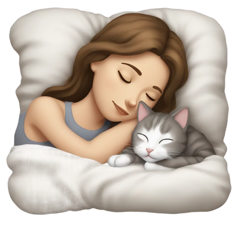 sleeping girl brown hair laying next to white and gray cat emoji