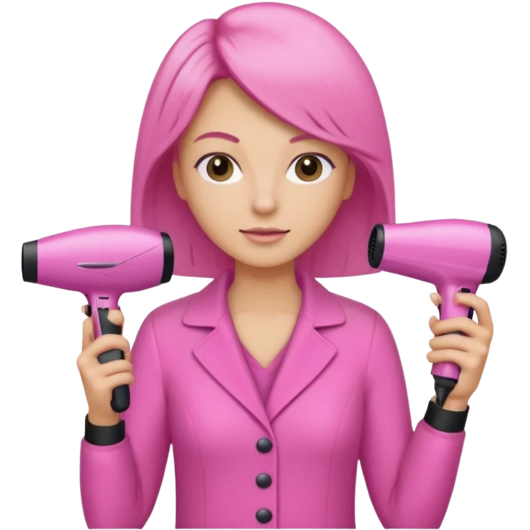 peluquera con secador de pelo y peine en la mano, vestida de rosa emoji