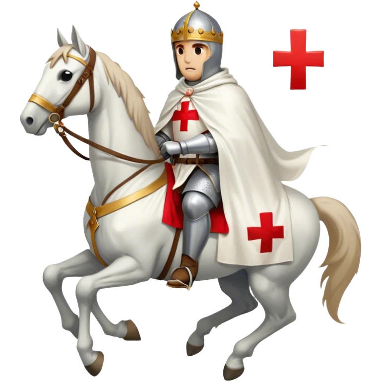 A knight templar on a horse. Wearing a white tunic with a Red Cross on the front. Wearing a white cloak with a Red Cross on the left front side. emoji