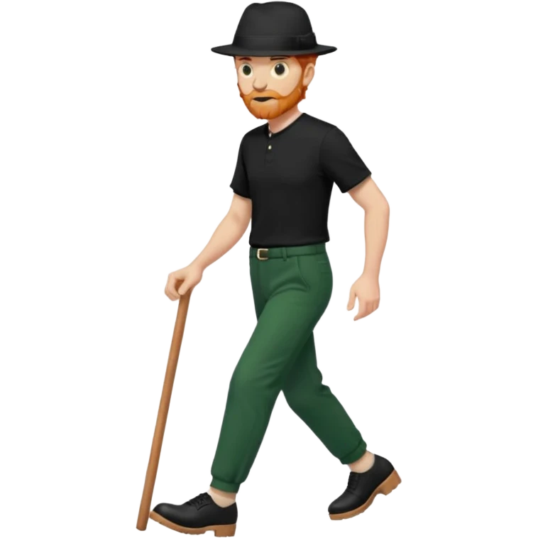 גבר זקן ג'ינג'י מלא כובע שחור הפוך חולמה שחורה ומכנסיים ירוקות ארוכות מבצע צעידה במקום  emoji