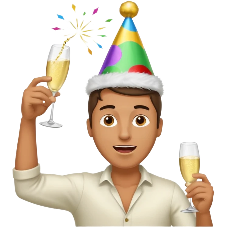 An energetic man throws his head back, drinking champagne loudly as the New Year begins. emoji