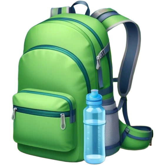 Icon for Ecotourism: a lightweight hiking backpack with a reusable water bottle, placed against a backdrop of lush green nature, with trees and a scenic trail. The icon should represent eco-friendly travel and the beauty of the outdoors. Transparent background. emoji