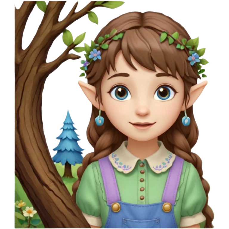 Kind happy whimsical quirky Girl toymaker, wood carving elf. Woodland nature creator. Blue eyes. brown hair (short just-below chin length) wavy hair & bangs. Whimsical playful cute. Overalls with nature embroidered cute shirt collar. Light green, light purple and light blue colour aesthetic  emoji