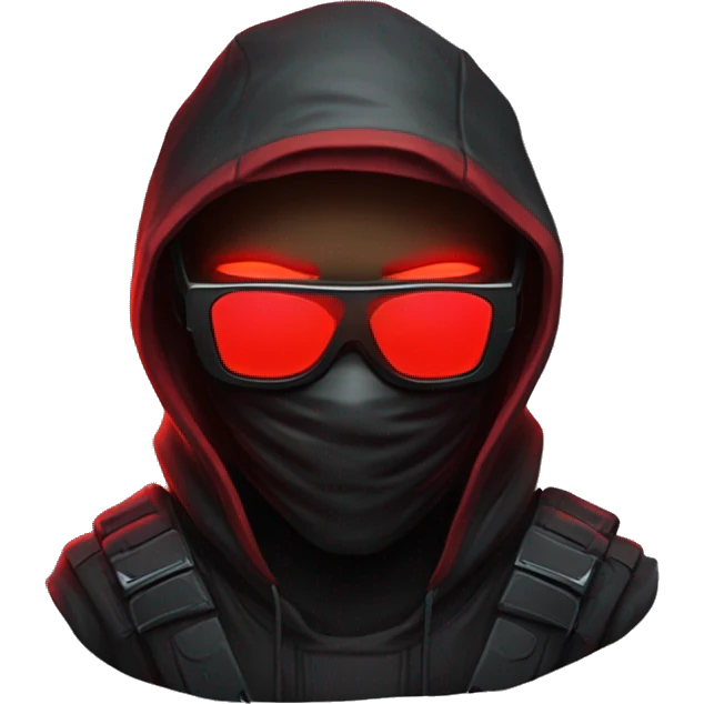 developer behind his laptop with this style : crysis Cyberpunk Valorant neon glowing bright red character dark red black hooded assassin themed character red balaclava sunglasses emoji