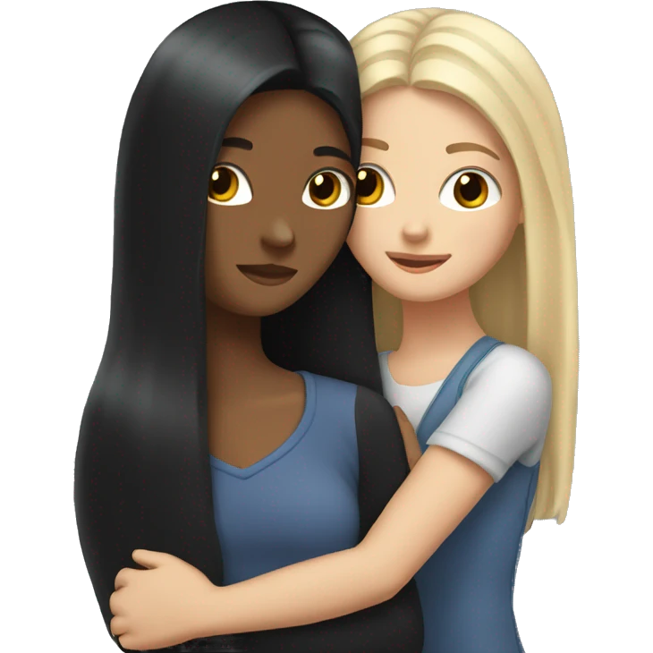 Two white girls with long black hair hugging. emoji