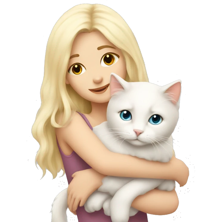 Blonde girl snuggling fluffy white cat emoji