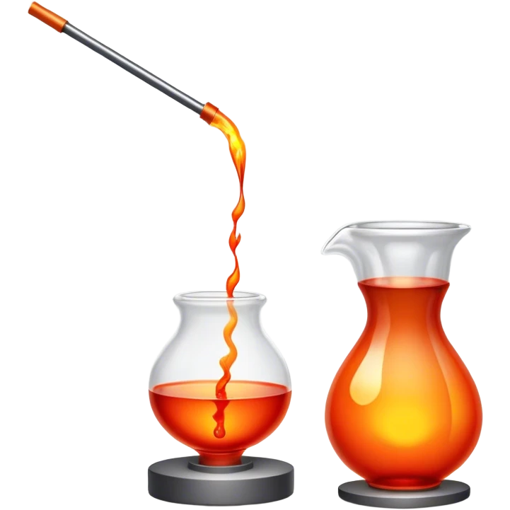 Glassblowing and casting icon, molten glass being shaped into a delicate object with a blowpipe, glowing red-hot glass being poured into a mold, unfinished glass sculpture, minimalistic style, clean lines, transparent background. emoji