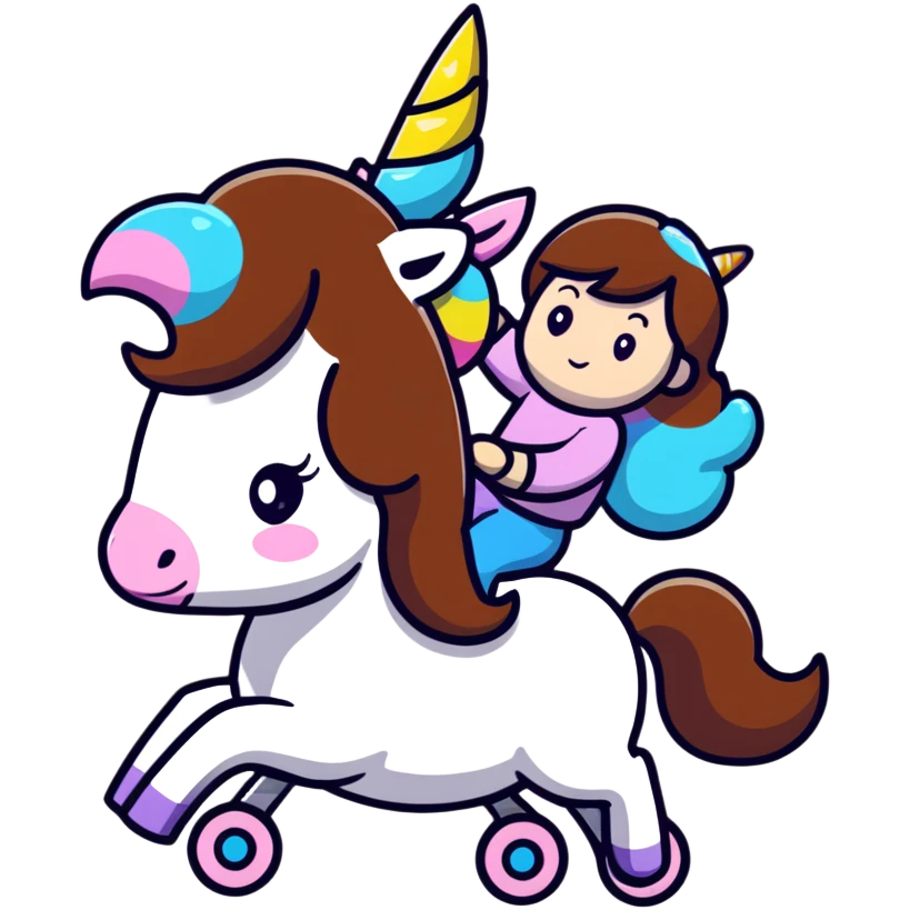short girl with long brown hair riding a unicorn emoji