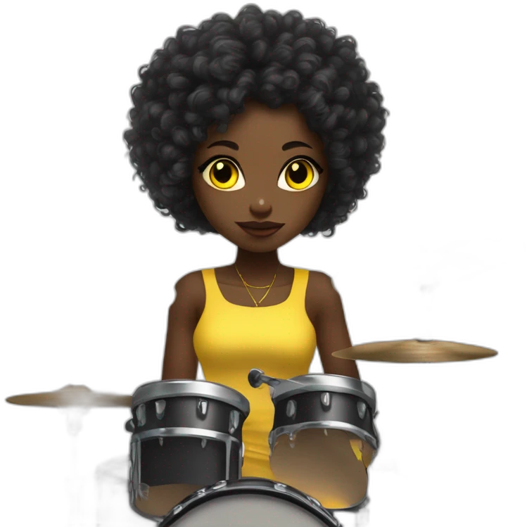 cute punk girl in yellow dress dark skin with yellow eyes and dark curvy hairs plays on drums emoji