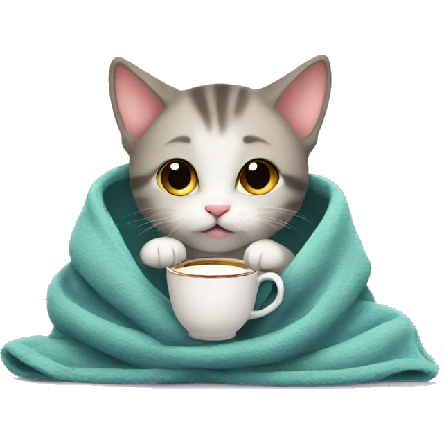 A kitten in a warm blanket is drinking tea emoji