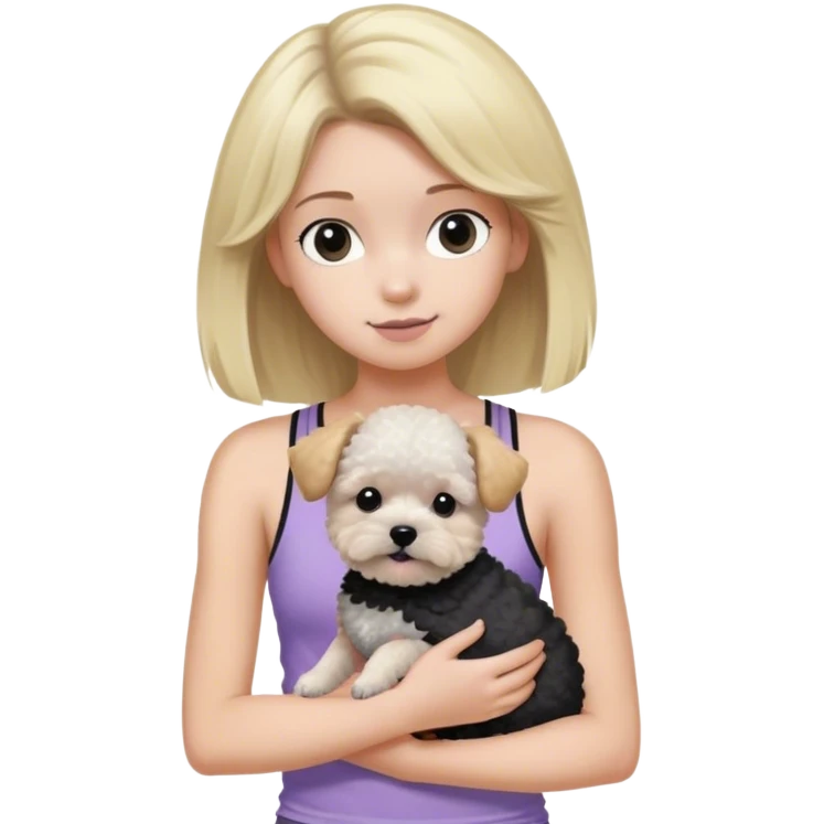 Blonde haired teenager wearing light purple tank top holding a Black and white and gray poochon dog  emoji