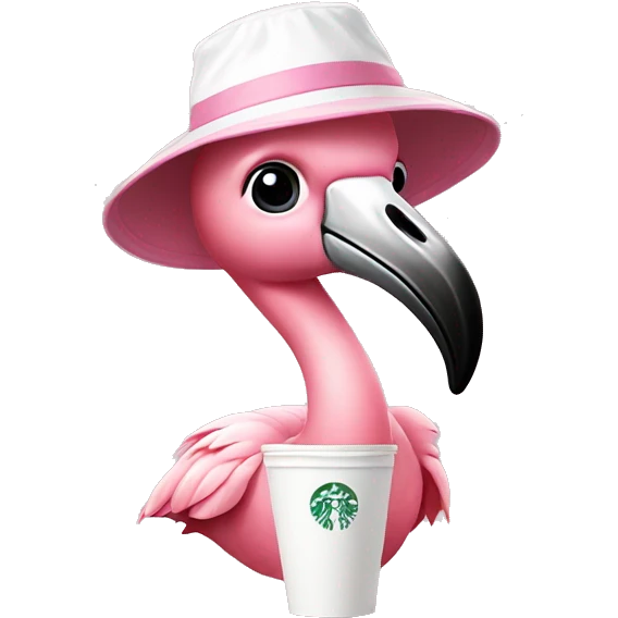 baby flamingo wearing a pink and white bucket hat drinking starbucks  emoji