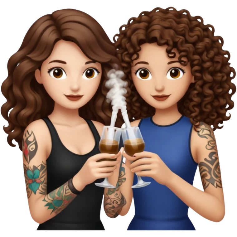 vial cheers — long wavy brown hair tattooed woman and short tight curly brown hair woman — clink potions emoji