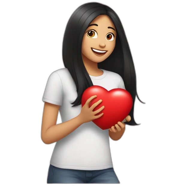  20-year-old woman with long black hair, wearing a formal t-shirt, smiling and hugging a red heart emoji