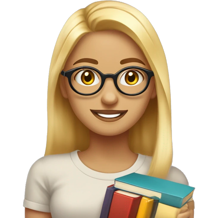 chica profesora joven rubia pelo muy largo y liso con dos mechones, sonriendo con libros en una mano, con gafas pequeñas color marrón redondas, vestida con camiseta color negro y con pendientes de aros grandes color oro emoji