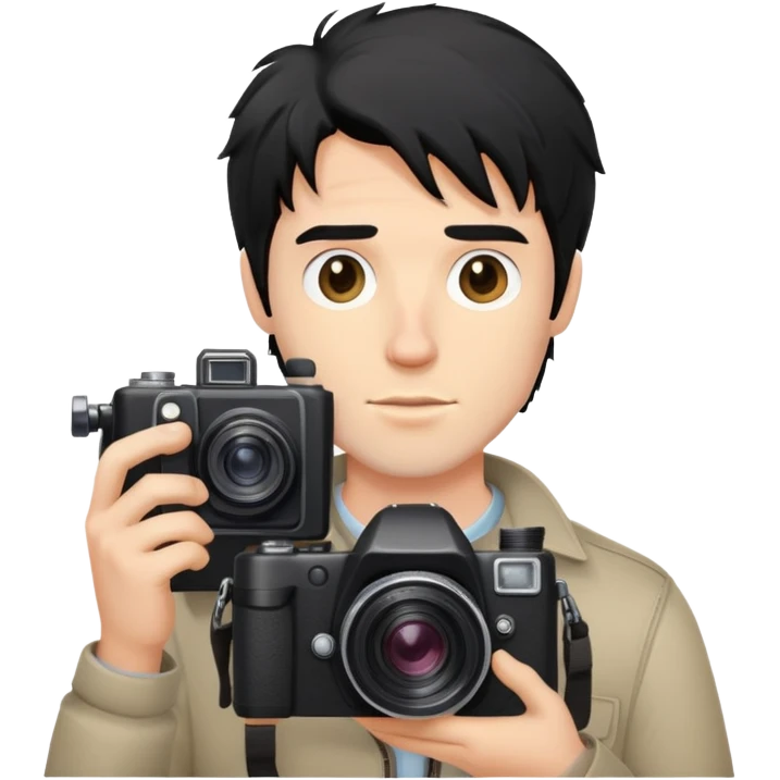 a white man with black messy hair holding a foto camera emoji