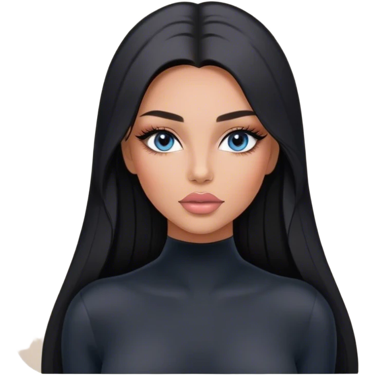 Glamours, tanned, very beautiful girl, with big pump peach-beige-rose lips, long long lashes, black straight smooth silky long hair, straight parting hair, blue-grey eyes in black long-sleeves bodysuit emoji