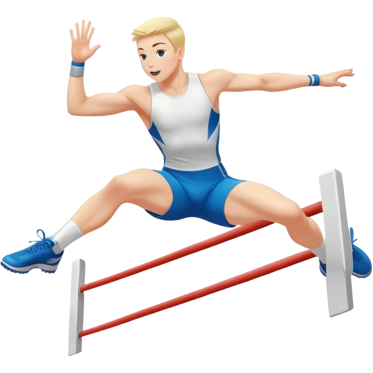 An icon of an white-skined athlete soaring over a hurdle, mid-jump, with a powerful form. The background features a vibrant stadium, with the track and hurdles in sharp focus, and a cheering crowd along the stands. The motion of the jump emphasizes speed and agility. Transparent background. emoji