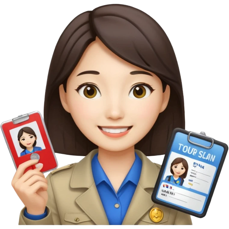 A Korean female tour guide holds her license. emoji