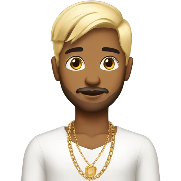 indian boy, with low taper fade, with blond high lights, and a started beard, wearing gold chains, with earing.\ emoji