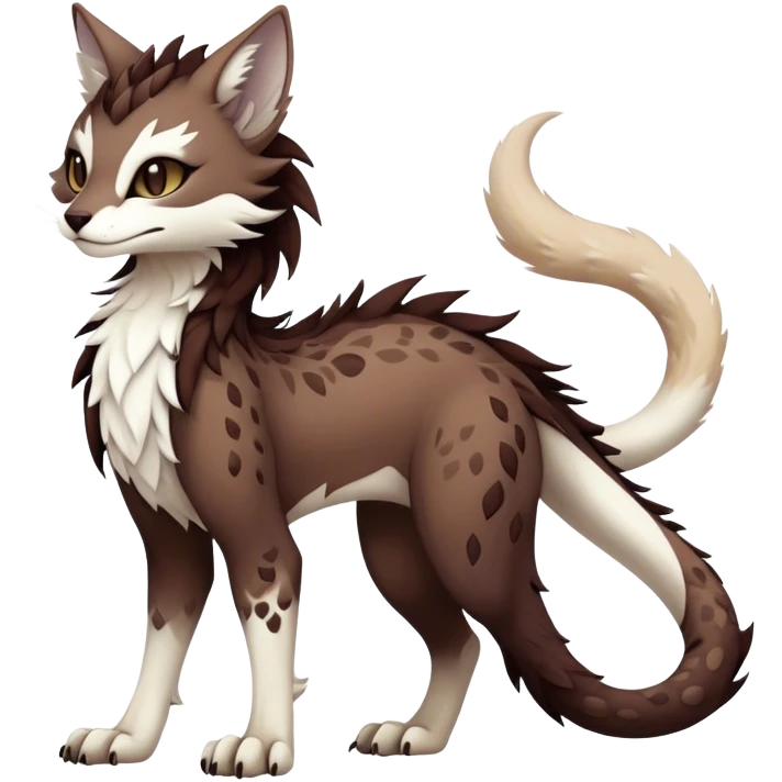 Kawaii dark edgy brown beige white fantasy ethereal feline-vernid-sergal-fursona animal creature with a tufted tail full body with intricate markings  emoji