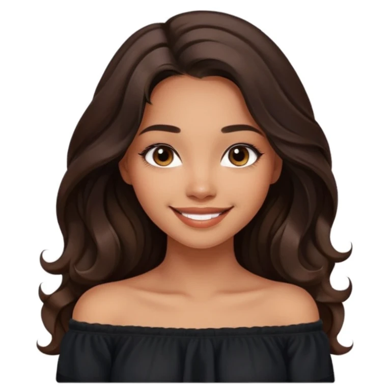 modern clean emoji of a young woman with medium skin tone, long wavy dark brown hair, wearing a black off-shoulder top, smiling softly, expressive eyes, hint of warmth, contemporary inviting style, soft gradient background emoji