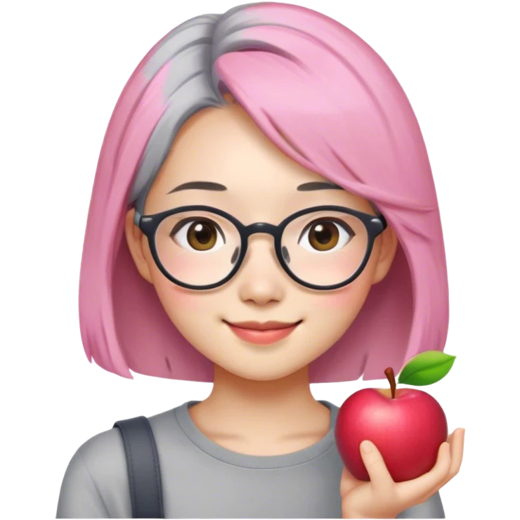 women with long shoulder hair, the color is pink combination gray, white skin, use glasses, have an apple cheek, have asian smile, cute, the age is 20 years old. emoji