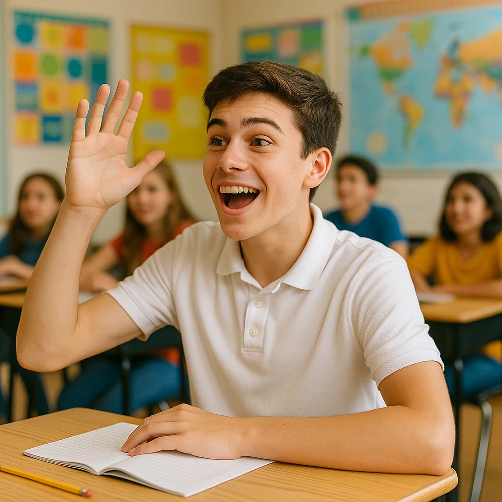 male student wearing a white polo shirt, actively participating in a school activity, energetic and engaged, classroom setting emoji
