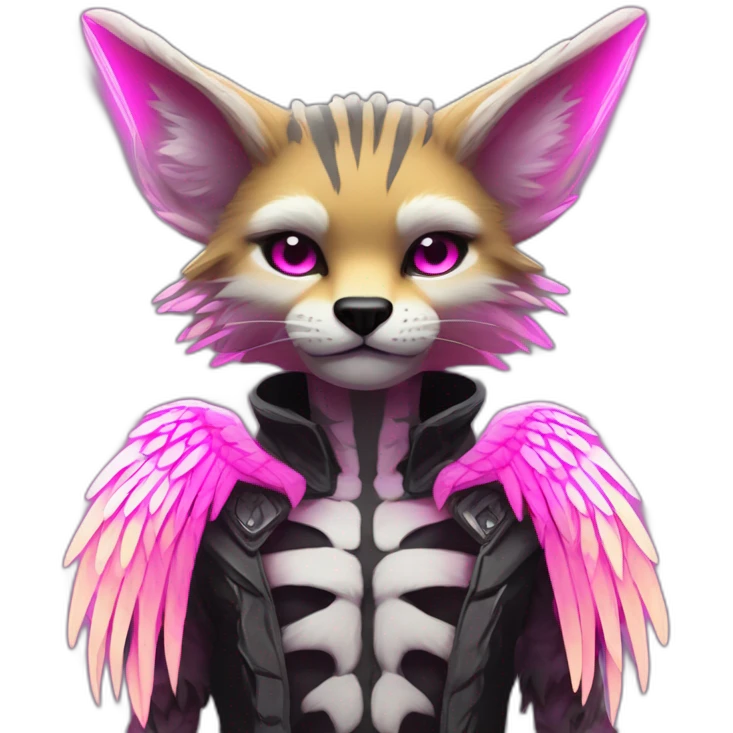 Coyote ocelot standing with grey and black fur and phoenix wings on back and pink ears half skeleton, neon lights emoji