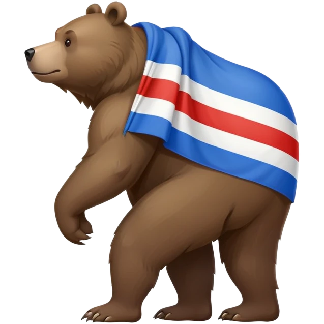 Medium brown bear on all four legs with Russian flag (white, blue, red horizontal stripes) draped over its back, minimalist style, side view emoji