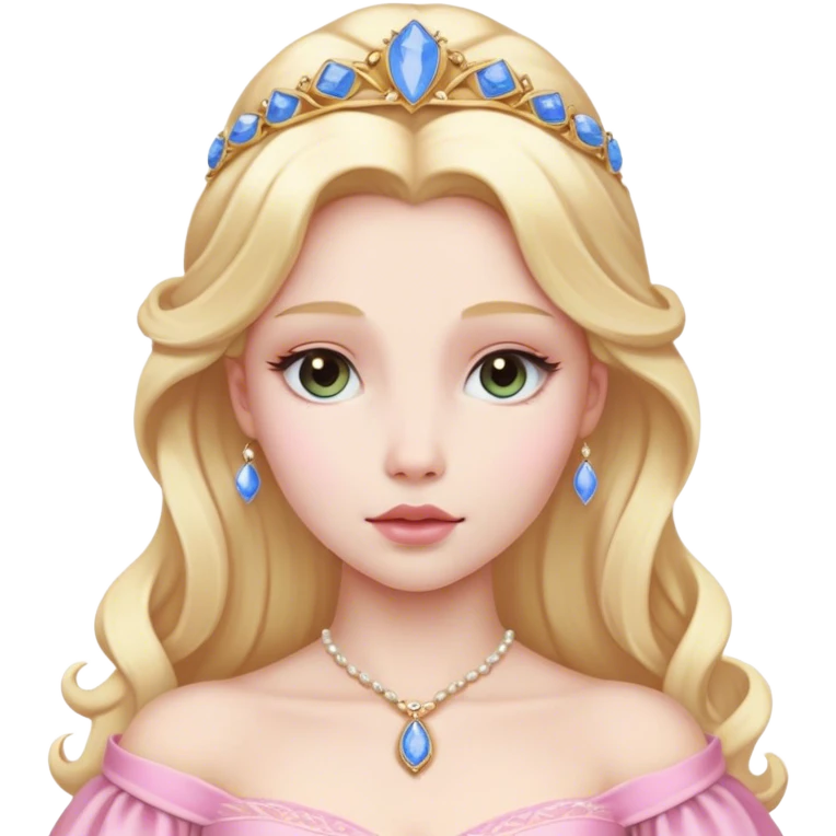 Cinematic Realistic Sleeping Beauty (Aurora) Portrait, with porcelain-like skin featuring a natural rosy flush, illuminated by soft lighting that highlights the gentle contours of her face. Her golden blonde hair flows in soft, detailed waves with subtle highlights that shimmer in the light. Her deep violet-blue eyes radiate warmth and innocence, framed by arched brows and long lashes. With a soft, serene smile, she holds a delicate rose gently in one hand, her other hand resting lightly by her side. She is dressed in her classic pink gown, the fabric rich in texture with delicate folds that catch the light. A golden crown rests atop her head, gleaming with royal refinement. The portrait captures a soft, glowing aura, blending realism with an ethereal sense of beauty and timeless enchantment. emoji