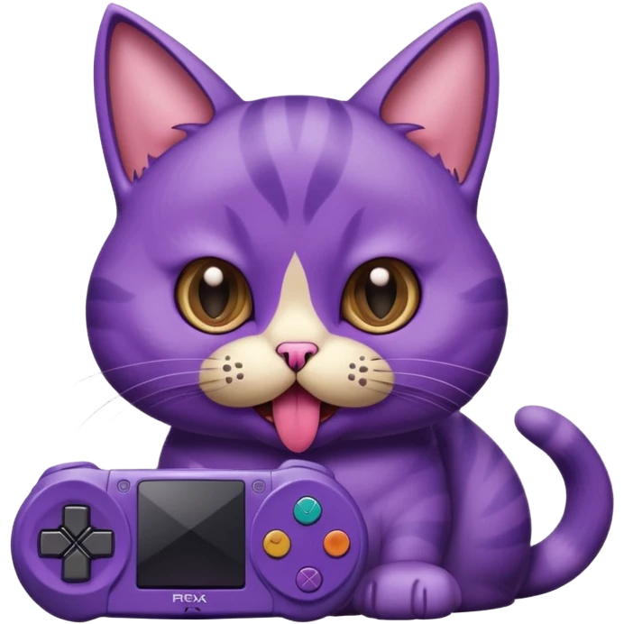 purple cat with huge eyes smelly lines and their massive brown tongue out also a playstation next to it emoji