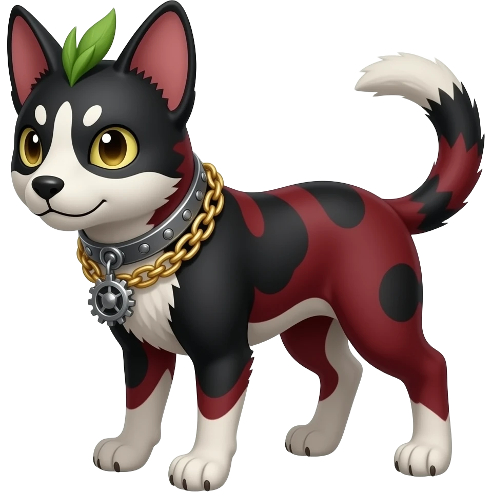 Quadrupedal Epic majestic complex divine glorious futuristic detailed dark dusky gloomy deep gothic sanguine-blood-maroon-black-white, realistic Fakémon-Sprigatito-Floragato-Meowscarada-Trico-Sergal-Serval-Vernid-creature (full body) with metal gears and metal collar with gold chains emoji