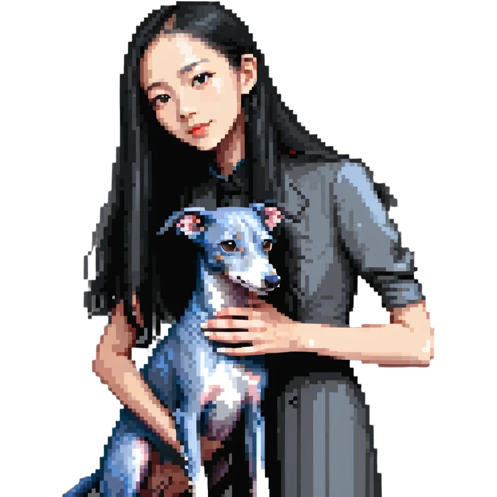 Slim Chinese girl with long black hair petting completely solid grey Italian greyhound with absolutely no white markings anywhere emoji
