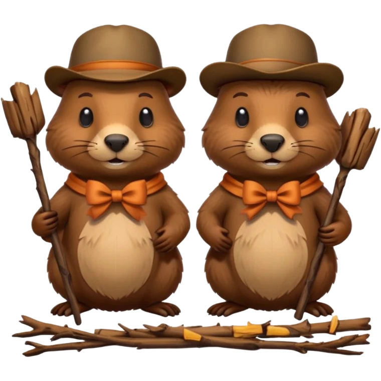 add a bow on the head of one beaver with another beaver without a bow on its head in a lodge of sticks and logs emoji