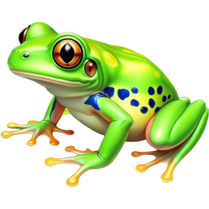 Cinematic Noble Green Tree Frog Portrait Emoji, Poised and alert, with a compact, vibrant body clad in bright, glossy green skin accented by delicate, sticky toe pads and large, bulging, observant eyes, Simplified yet sharp and sophisticated features, highly detailed, glowing with a soft, verdant luminescence, high shine, intelligent and sprightly, stylized with an air of tropical elegance, focused and attentive, soft glowing outline, capturing the essence of a watchful and confident amphibian that appears ready to leap out of the screen with effortless agility! emoji