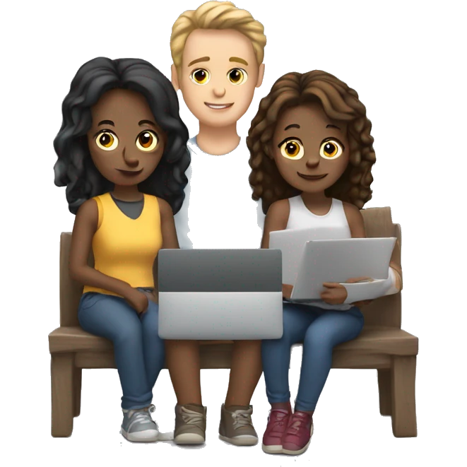 2 girl and 3 man each of them holding laptop and sit together  emoji