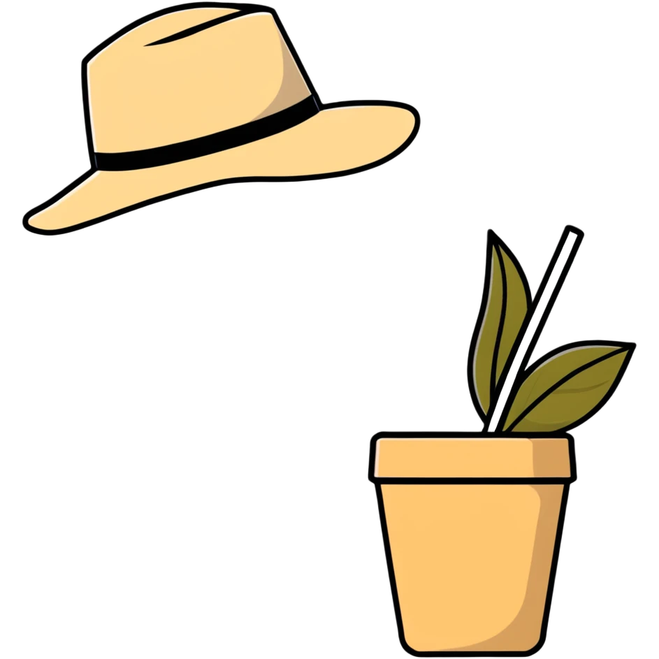 beige aesthetic coffee cup, journal, plant pot, and straw hat emoji