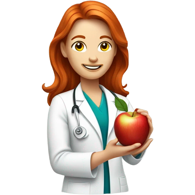 red hair nutritionist with apple without stethoscope emoji