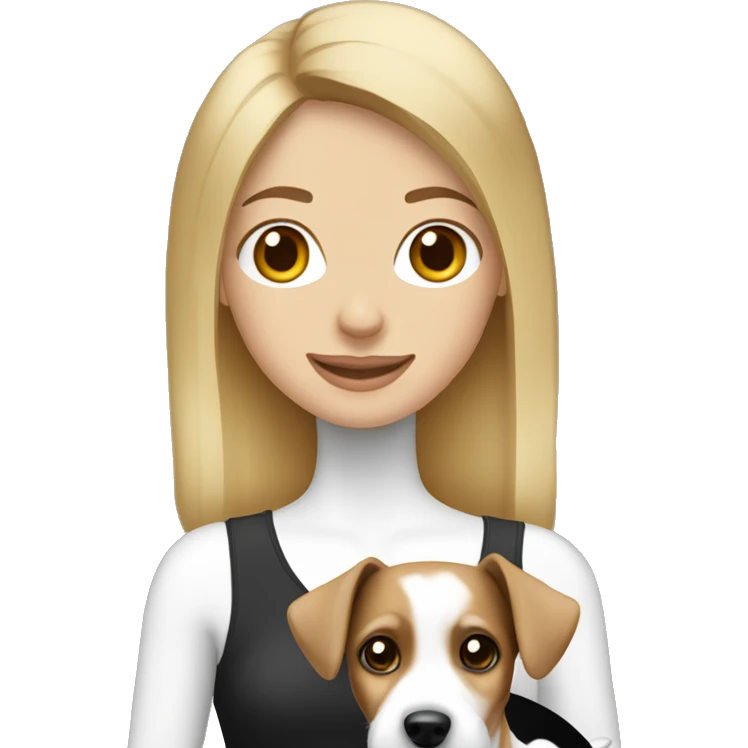 Blonde woman holding a black brown and white jack russell terrier emoji