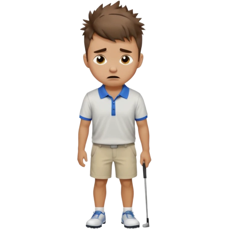 Handsome male.short messy brown hair.mowhawk hairstyle. wearing golf shirt and shorts.crying. garden background  emoji